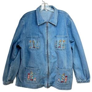 Embroidered Jean Jacket Womens Large Vintage 80s Kokopelli Full Zip Southwestern